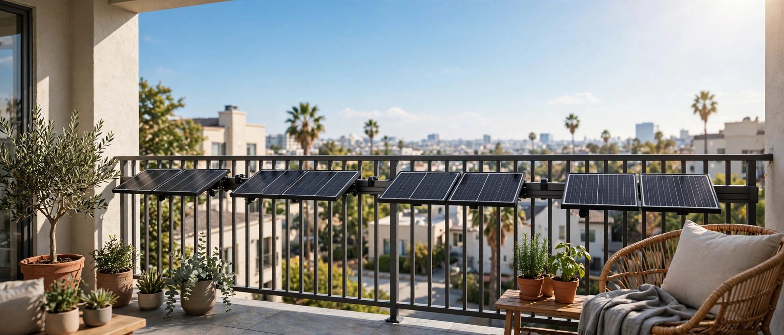 Plug-in solar panels mounted on an apartment balcony railing in California, under a bright sun